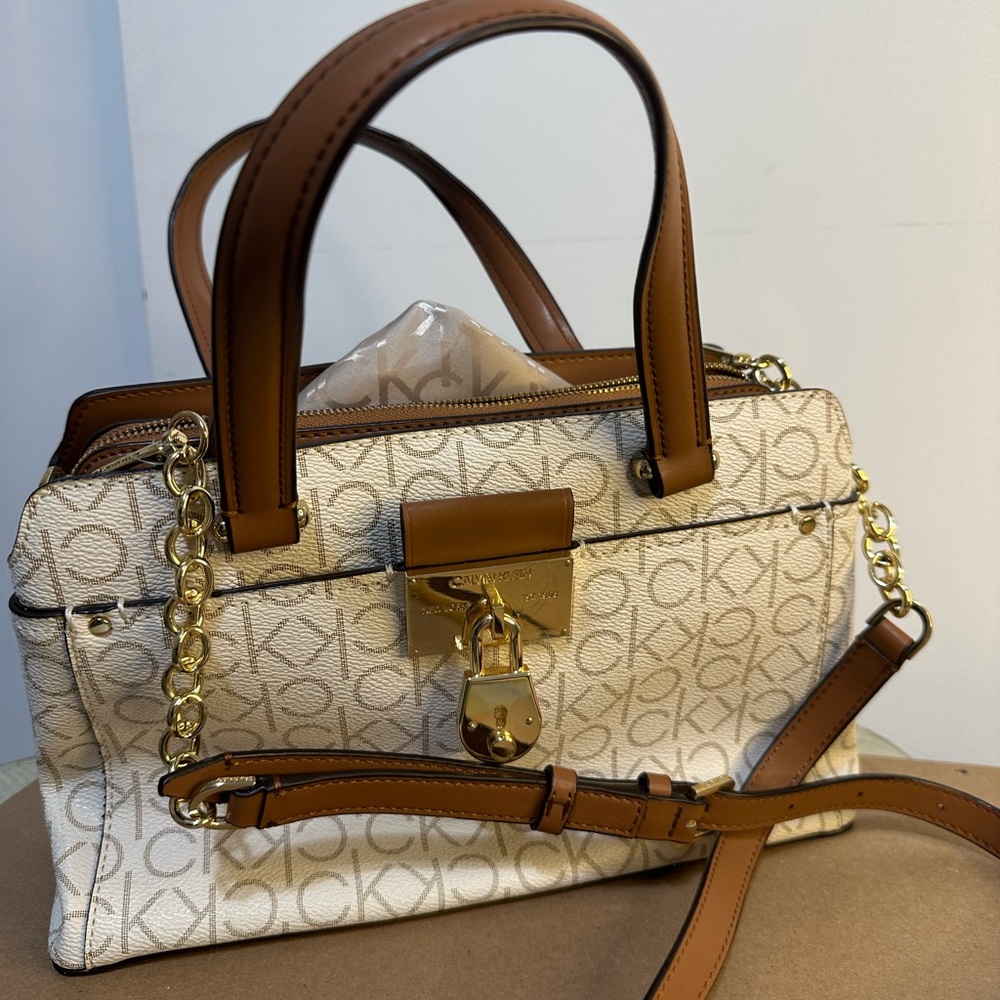 Calvin Klein White and Brown Satchel